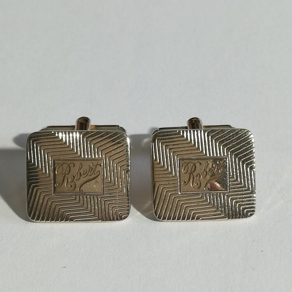 Vintage "Robert" Silver Gold Two Tone Personalized Textured Square Cufflinks